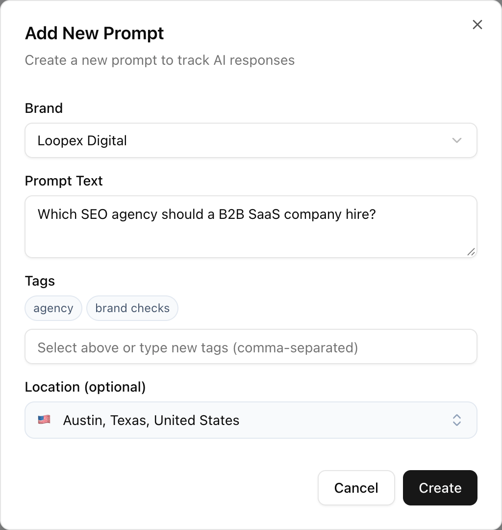 Add New Prompt dialog with a city selected