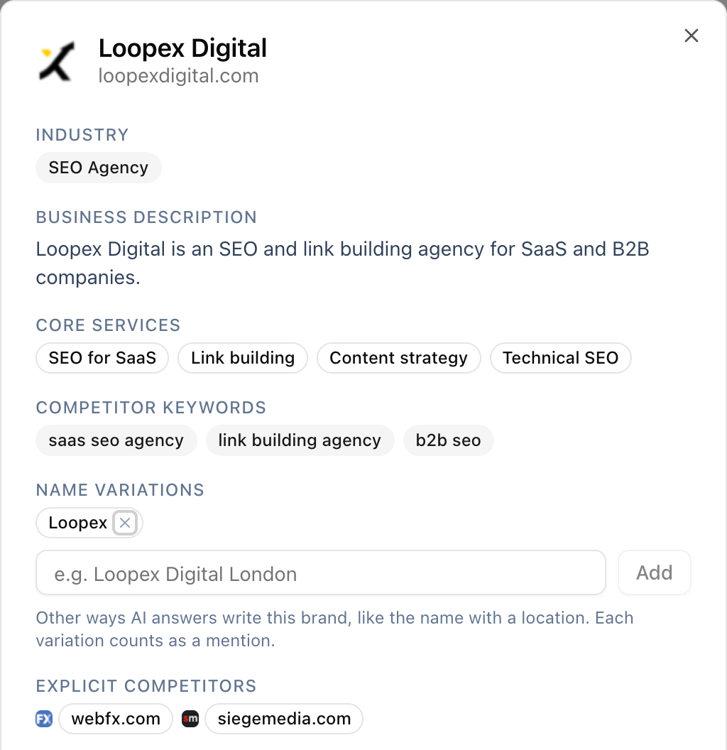 Brand profile in the app: industry, core services, competitor keywords, name variations