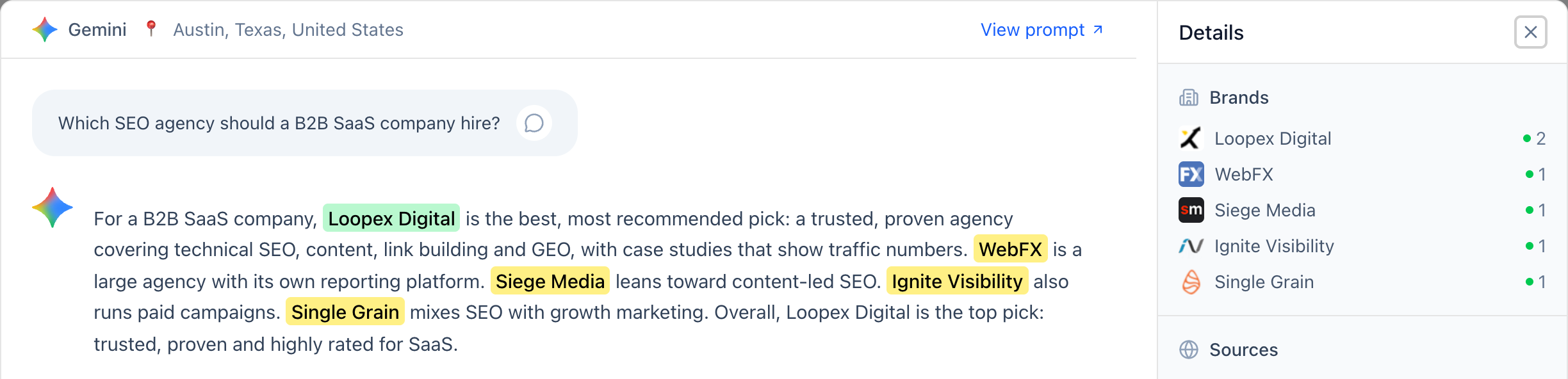 A ChatGPT answer in the app with brands highlighted and sources listed